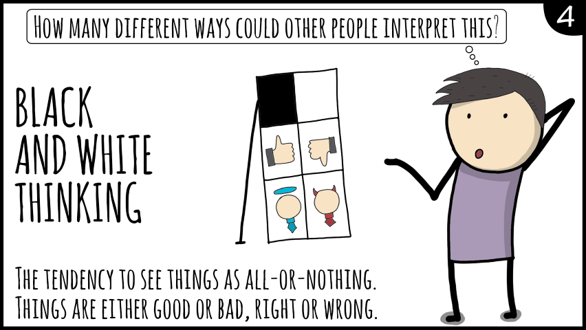 Cognitive distortions for the cognitive reframing challenge</p>
<p>Black and white thinking</p>
<p>https://iqdoodle.com/cognitive-distortions/